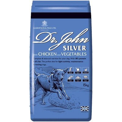 A blue bag of Dr John Silver chicken and vegetables dog food