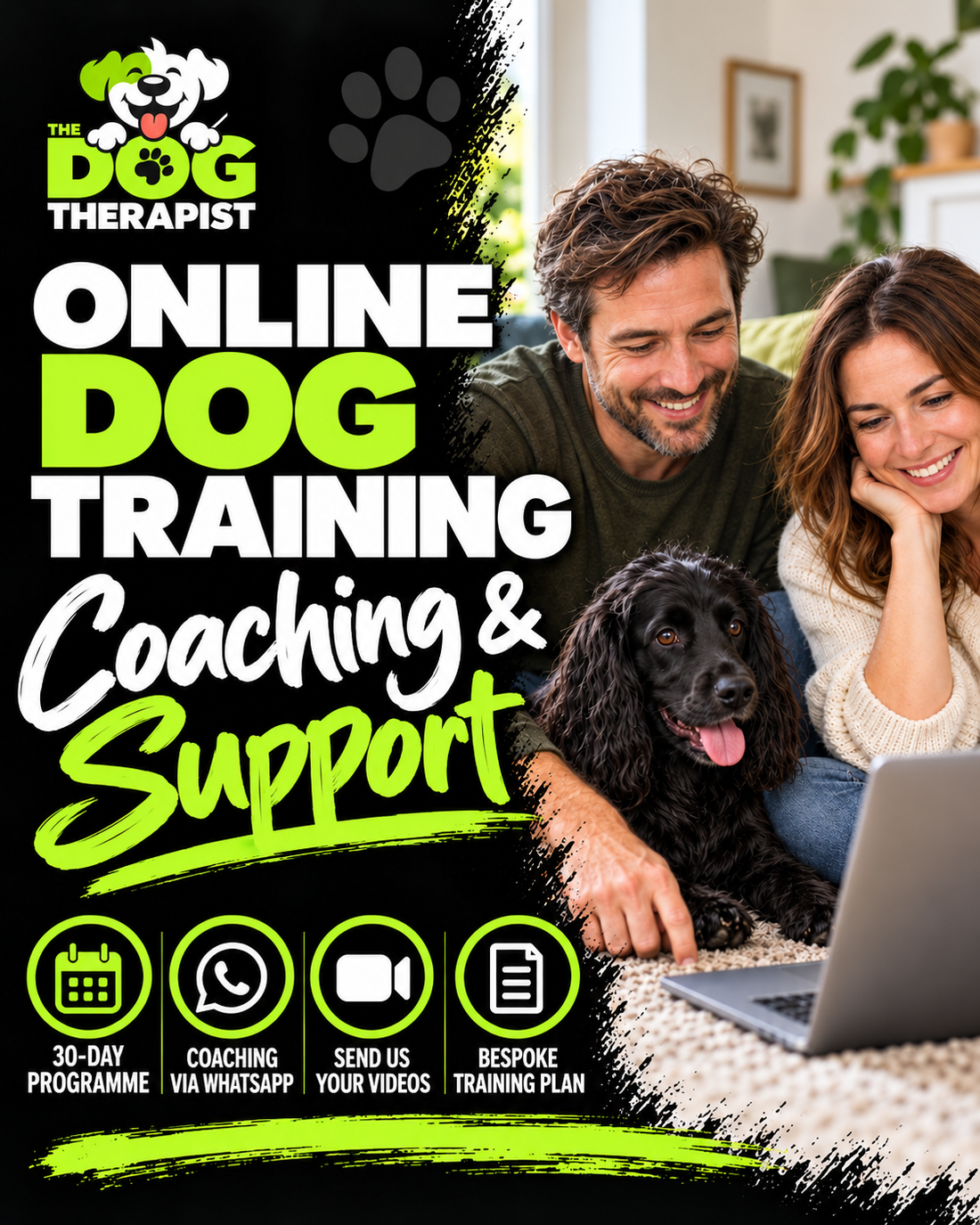 The Dog Therapist online dog training poster showing a couple at home with their black working cocker spaniel, promoting a 30-day coaching programme via WhatsApp.