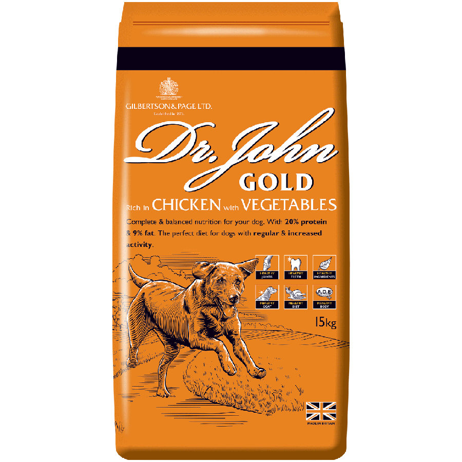 Orange bag of Dr John gold dog food chicken and vegetable flavour