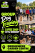 Group dog training and coffee shop settle workshop at Bridgemere Garden Centre with The Dog Therapist, showing owners walking their dogs and practising calm settling at an outdoor café.