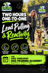 Promotional graphic for The Dog Therapist dog training academy, advertising a two-hour one-to-one lead pulling and reactivity session. The design features a split black and bright lime green background with text, icons, and a photo of a woman walking a golden retriever in an outdoor park setting.