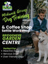 A man with short dreds wearing a blue gilet sitting with a husky dog at a coffee shop | The Dog Therapist