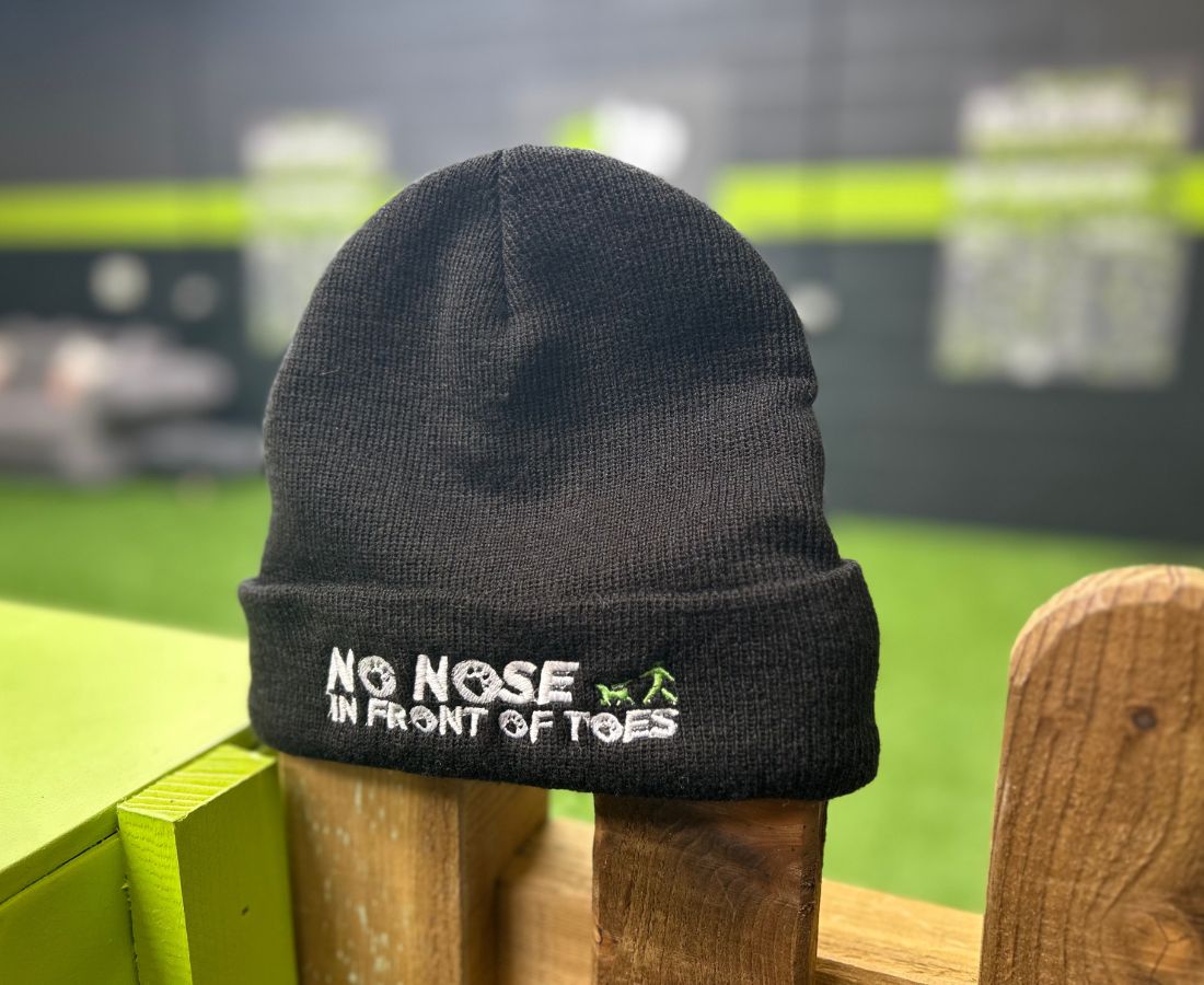 Black beanie with stitched no nose in front of toes logo sitting on a wooden gate | The Dog Therapist