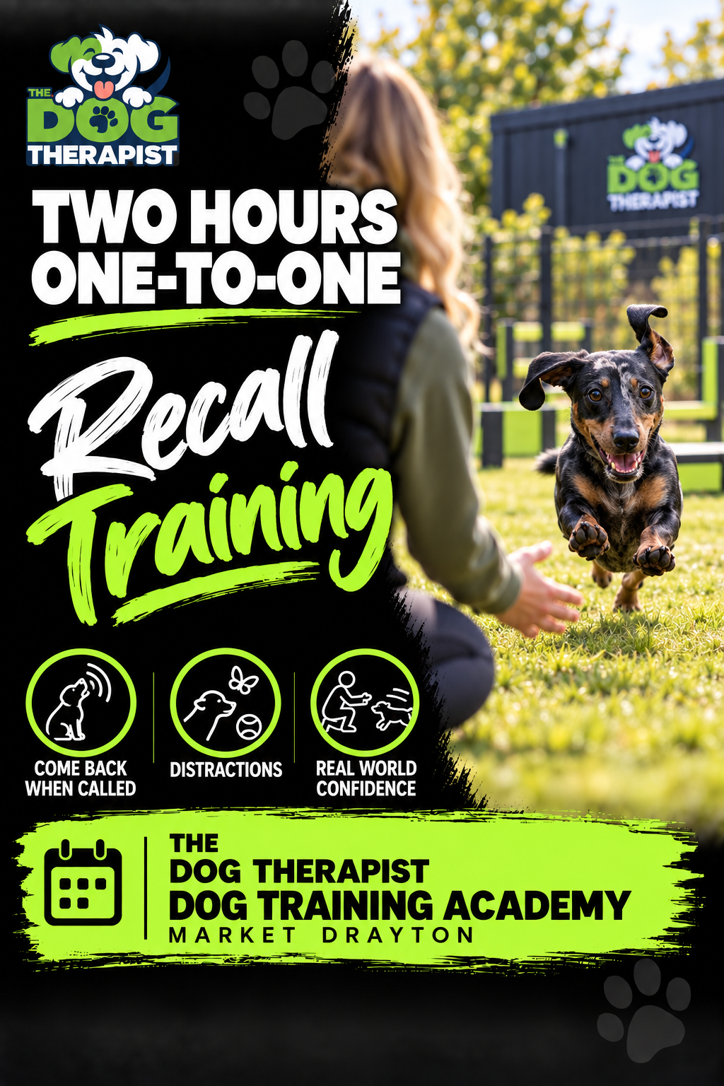 Two hour one-to-one dog recall training at The Dog Therapist Dog Training Academy in Market Drayton, Shropshire, with a dog running back to its handler.