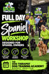 Promotional graphic for a full-day Spaniel workshop at The Dog Therapist Dog Training Academy, featuring a group of people walking dogs on an indoor training field. Large text reads &