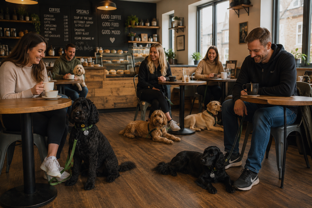A cozy cafe interior with several people sitting at wooden tables and dogs on the floor and on chairs. A woman on the left holds a white cup, and a man on the right leans forward toward a black dog.