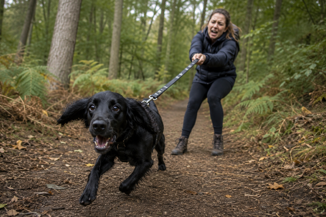 A woman in a black outfit pulls a black dog on a leash along a forest path surrounded by trees and ferns.