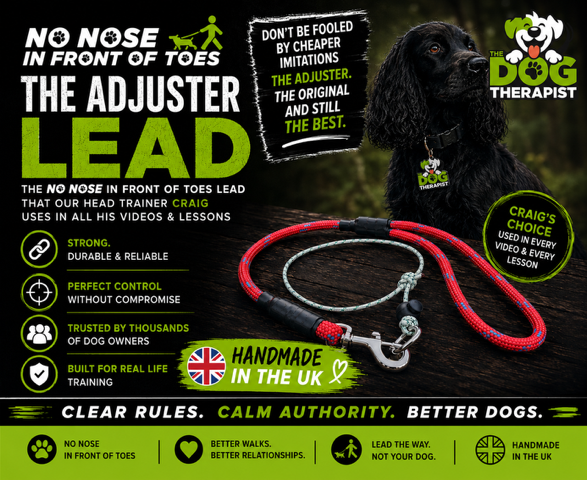 A promotional graphic for a red and black dog lead with metal clips, shown alongside a black dog on a dark outdoor background. The image includes large marketing text, paw-print icons, and the &